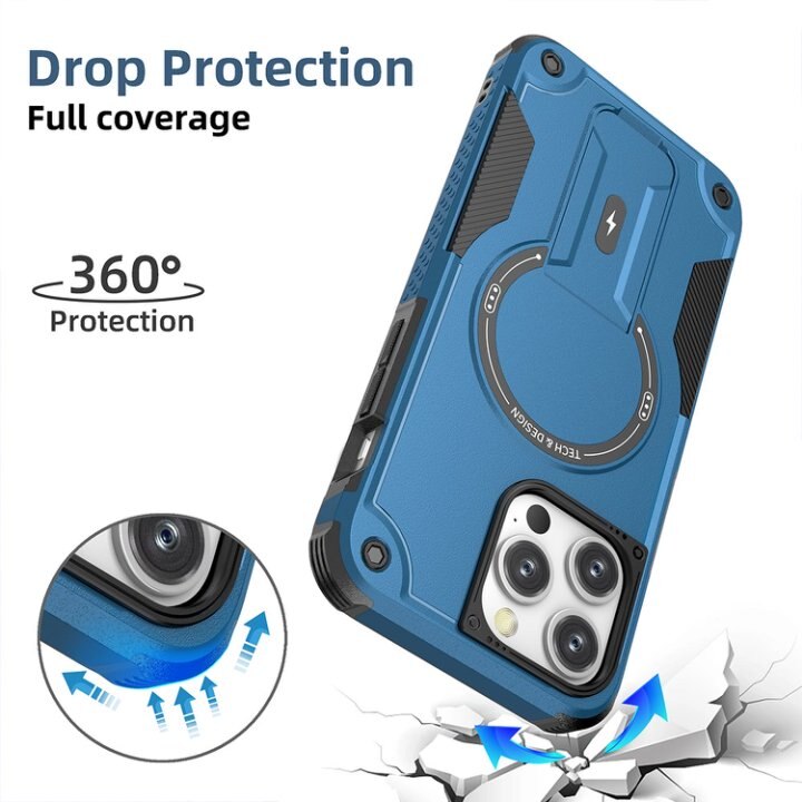 Husa Bumper Compatibil cu iPhone 15 Pro Max, Protectie 4 Colturi Anti-soc, Suport Fix, MagSafe Compatibil, Magnet Puternic, PC + TPU, Albastru inchis