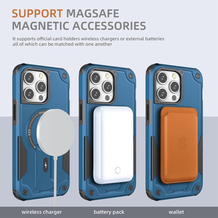 Husa Bumper Compatibil cu iPhone 15 Pro Max, Protectie 4 Colturi Anti-soc, Suport Fix, MagSafe Compatibil, Magnet Puternic, PC + TPU, Albastru inchis
