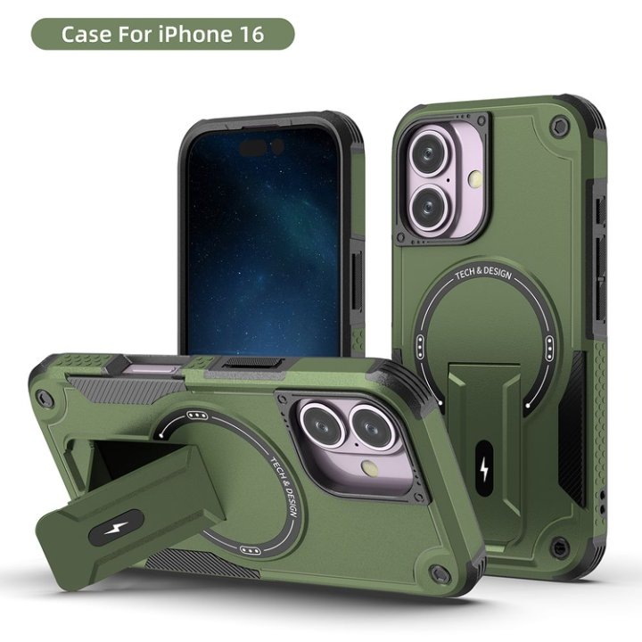 Удароустойчив калъф със стойка, съвместим с MagSafe, подсилени ъгли, PC+TPU, за iPhone 16, армейско зелен