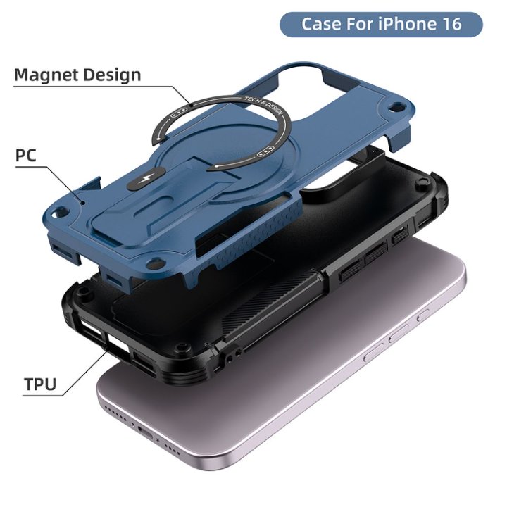 Husa Bumper Compatibil cu iPhone 16, Protectie 4 Colturi Anti-soc, Suport Fix, MagSafe Compatibil, Magnet Puternic, PC + TPU, Albastru inchis