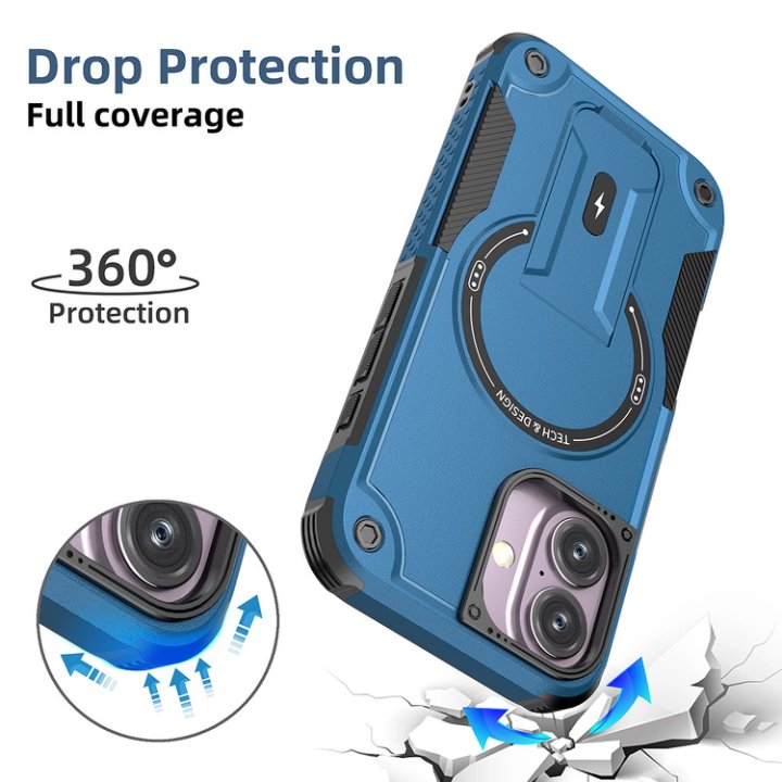 Husa Bumper Compatibil cu iPhone 16, Protectie 4 Colturi Anti-soc, Suport Fix, MagSafe Compatibil, Magnet Puternic, PC + TPU, Albastru inchis