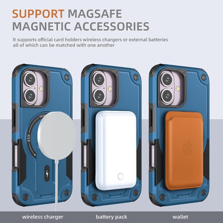 Husa Bumper Compatibil cu iPhone 16, Protectie 4 Colturi Anti-soc, Suport Fix, MagSafe Compatibil, Magnet Puternic, PC + TPU, Albastru inchis