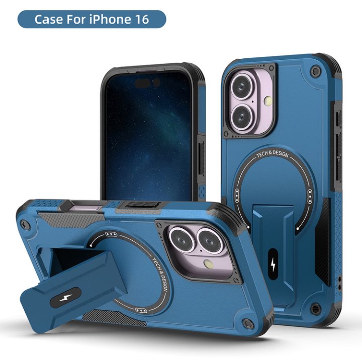 Husa Bumper Compatibil cu iPhone 16, Protectie 4 Colturi Anti-soc, Suport Fix, MagSafe Compatibil, Magnet Puternic, PC + TPU, Albastru inchis