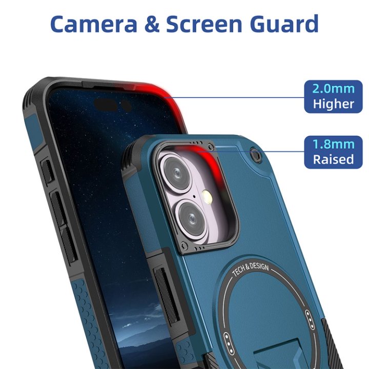 Husa Bumper Compatibil cu iPhone 16, Protectie 4 Colturi Anti-soc, Suport Fix, MagSafe Compatibil, Magnet Puternic, PC + TPU, Albastru inchis