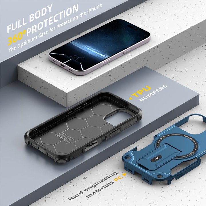 Husa Bumper Compatibil cu iPhone 16, Protectie 4 Colturi Anti-soc, Suport Fix, MagSafe Compatibil, Magnet Puternic, PC + TPU, Albastru inchis
