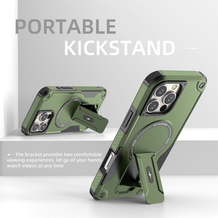 Husa Bumper Compatibil cu iPhone 16 Pro Max, Protectie 4 Colturi Anti-soc, Suport Fix, MagSafe Compatibil, Magnet Puternic, PC + TPU, Verde Armata