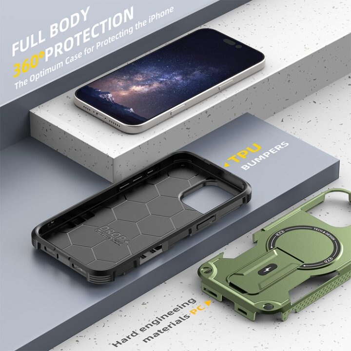 Husa Bumper Compatibil cu iPhone 16 Pro Max, Protectie 4 Colturi Anti-soc, Suport Fix, MagSafe Compatibil, Magnet Puternic, PC + TPU, Verde Armata