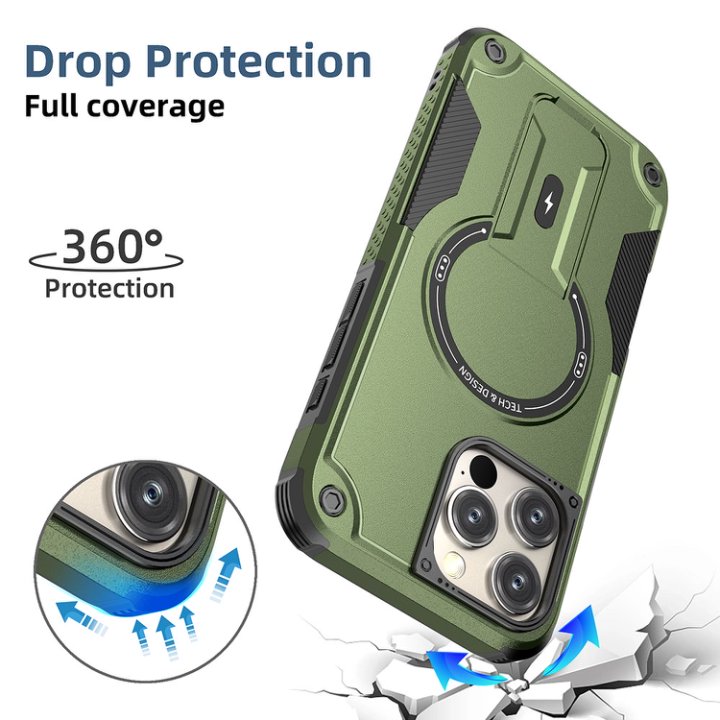 Husa Bumper Compatibil cu iPhone 16 Pro Max, Protectie 4 Colturi Anti-soc, Suport Fix, MagSafe Compatibil, Magnet Puternic, PC + TPU, Verde Armata