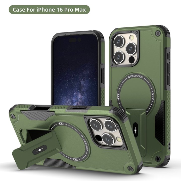 Husa Bumper Compatibil cu iPhone 16 Pro Max, Protectie 4 Colturi Anti-soc, Suport Fix, MagSafe Compatibil, Magnet Puternic, PC + TPU, Verde Armata