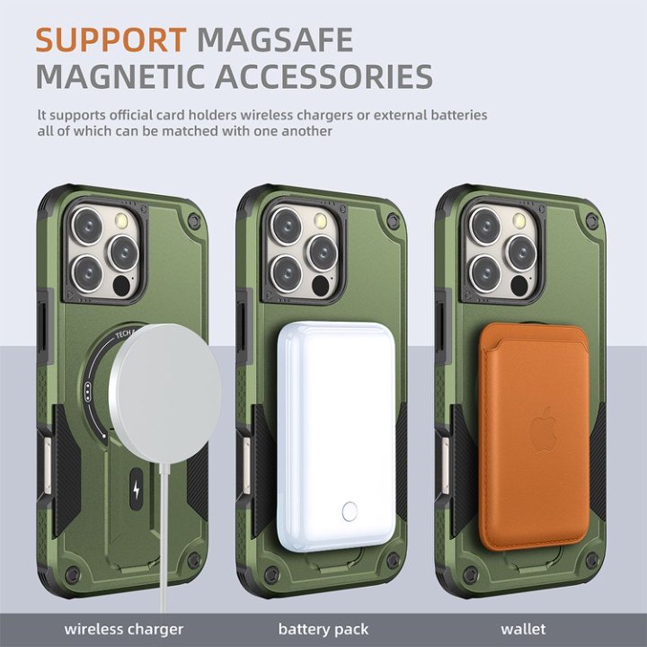 Husa Bumper Compatibil cu iPhone 16 Pro Max, Protectie 4 Colturi Anti-soc, Suport Fix, MagSafe Compatibil, Magnet Puternic, PC + TPU, Verde Armata
