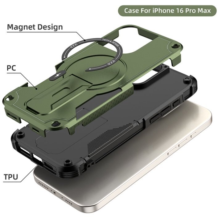 Husa Bumper Compatibil cu iPhone 16 Pro Max, Protectie 4 Colturi Anti-soc, Suport Fix, MagSafe Compatibil, Magnet Puternic, PC + TPU, Verde Armata