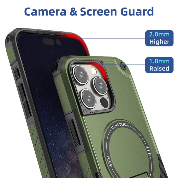 Husa Bumper Compatibil cu iPhone 16 Pro Max, Protectie 4 Colturi Anti-soc, Suport Fix, MagSafe Compatibil, Magnet Puternic, PC + TPU, Verde Armata