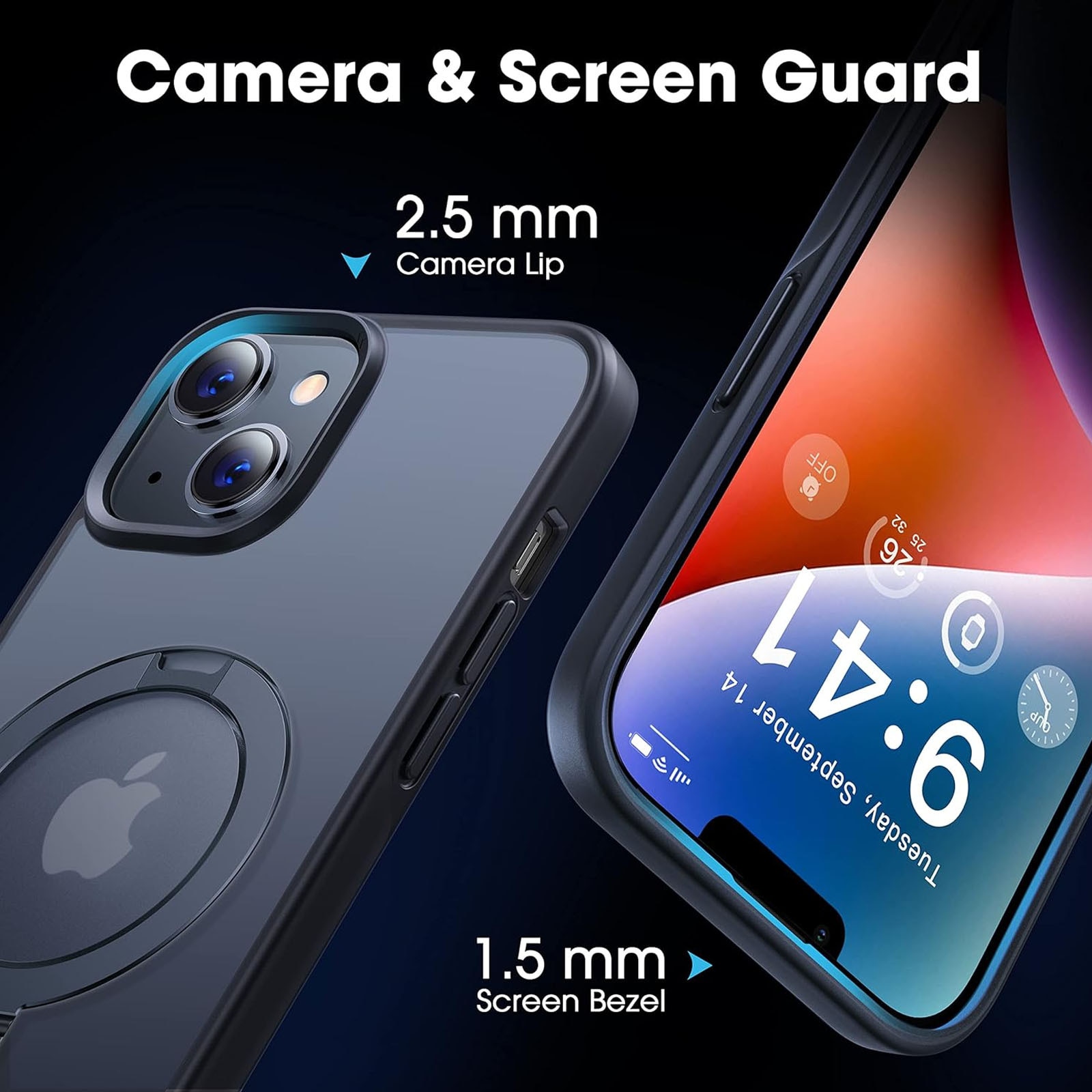 Husa telefon compatibila iPhone 13, Hggzeg, Husa protectie, Cu protectie camere spate, suport ajustabil, Margini ridicate pentru protectia ecranului, Antizgarieturi si rezistent la socuri, Decupaje Precise, PC, Negru