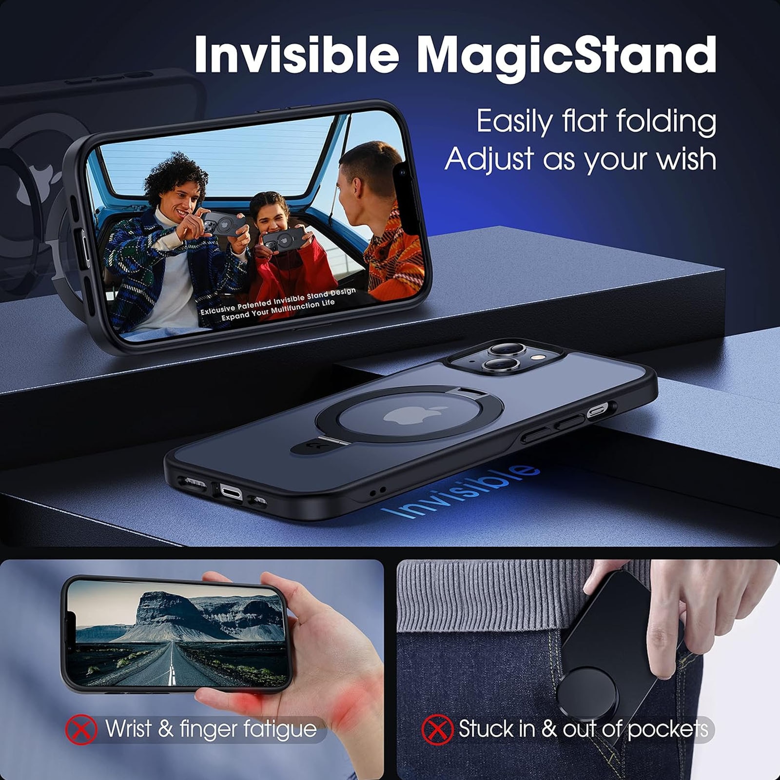 Husa telefon compatibila iPhone 13, Hggzeg, Husa protectie, Cu protectie camere spate, suport ajustabil, Margini ridicate pentru protectia ecranului, Antizgarieturi si rezistent la socuri, Decupaje Precise, PC, Negru