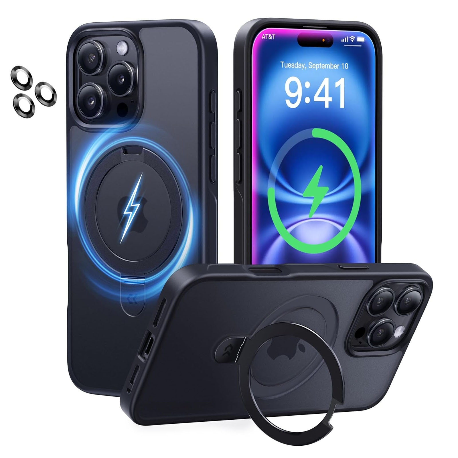 Husa telefon compatibila iPhone 16 Pro, Hggzeg, Husa protectie, Cu protectie camere spate, suport ajustabil, Margini ridicate pentru protectia ecranului, Antizgarieturi si rezistent la socuri, Decupaje Precise, PC, Negru mat