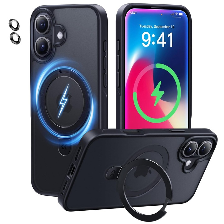 Husa telefon compatibila iPhone 16 Plus, Hggzeg, Husa protectie, Cu protectie camere spate, suport ajustabil, Margini ridicate pentru protectia ecranului, Antizgarieturi si rezistent la socuri, Decupaje Precise, PC, Negru