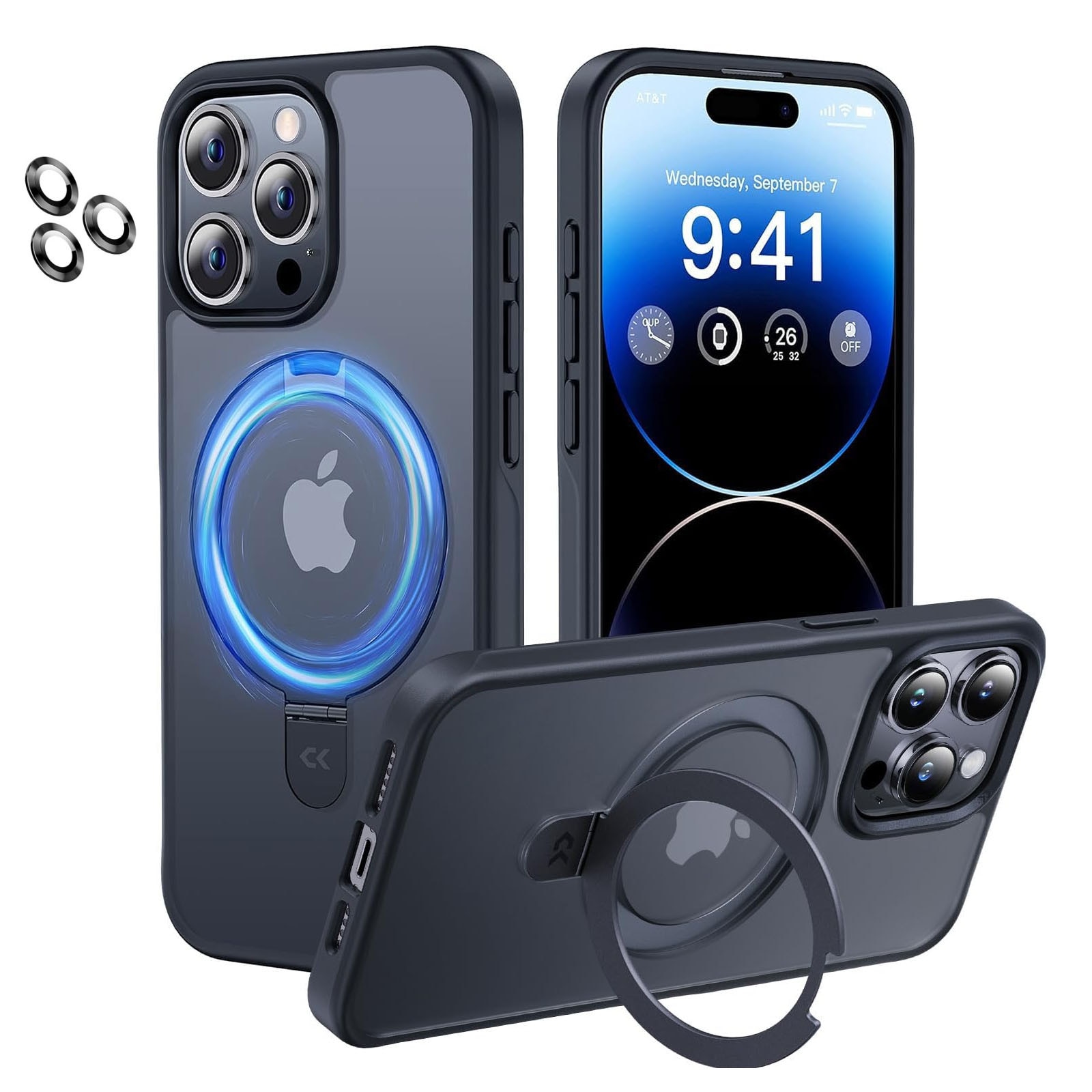 Husa telefon compatibila iPhone 15 Pro, Hggzeg, Husa protectie, Cu protectie camere spate, suport ajustabil, Margini ridicate pentru protectia ecranului, Antizgarieturi si rezistent la socuri, Decupaje Precise, PC, Negru