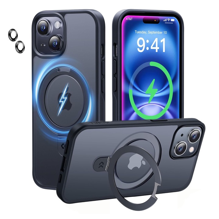 Калъф за телефон, Съвместим с iPhone 15, Hggzeg, Защитен калъф, Със защита на задната камера, регулируема стойка, Повдигнати ръбове за защита на екрана, Устойчив на надраскване и удар, Прецизни изрези, PC, Черен