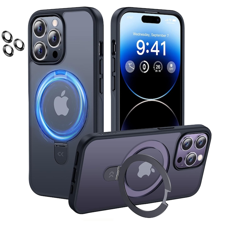 Кейс за телефон, съвместим с iPhone 14 Pro max, Hggzeg, Защитен калъф, Със защита за задната камера, регулируема стойка, Повдигнати ръбове за защита на екрана, Устойчив на надраскване и удар, Прецизни изрези, PC, Черен