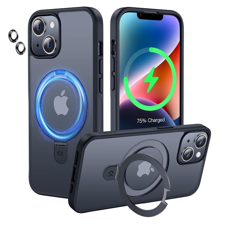 Husa telefon compatibila iPhone 14, Hggzeg, Husa protectie, Cu protectie camere spate, suport ajustabil, Margini ridicate pentru protectia ecranului, Antizgarieturi si rezistent la socuri, Decupaje Precise, PC, Negru