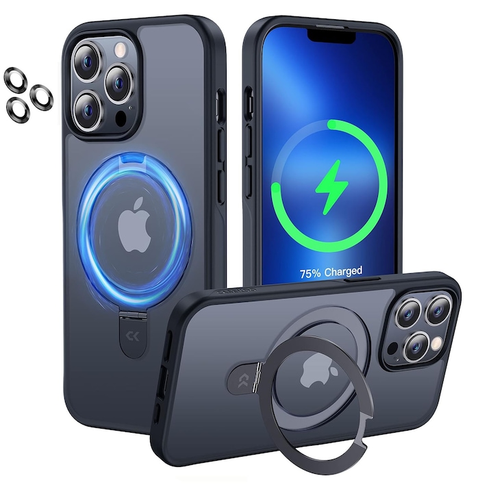 Кейс за телефон, съвместим с iPhone 13 Pro max, Hggzeg, Защитен калъф, Със защита за задната камера, регулируема стойка, Повдигнати ръбове за защита на екрана, Устойчив на надраскване и удар, Прецизни изрези, PC, Черен