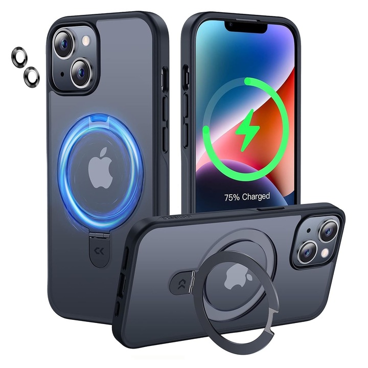 Husa telefon compatibila iPhone 13, Hggzeg, Husa protectie, Cu protectie camere spate, suport ajustabil, Margini ridicate pentru protectia ecranului, Antizgarieturi si rezistent la socuri, Decupaje Precise, PC, Negru