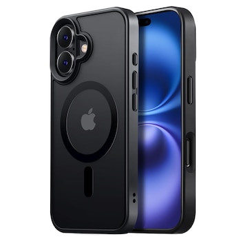Husa telefon compatibila iPhone 16, Hggzeg, Husa protectie, Magnetica, Incarcare Wireless, Margini ridicate pentru protectia ecranului, Antizgarieturi, Design ultra slim, Design mata, Usor de instalat, TPU/PC, Negru
