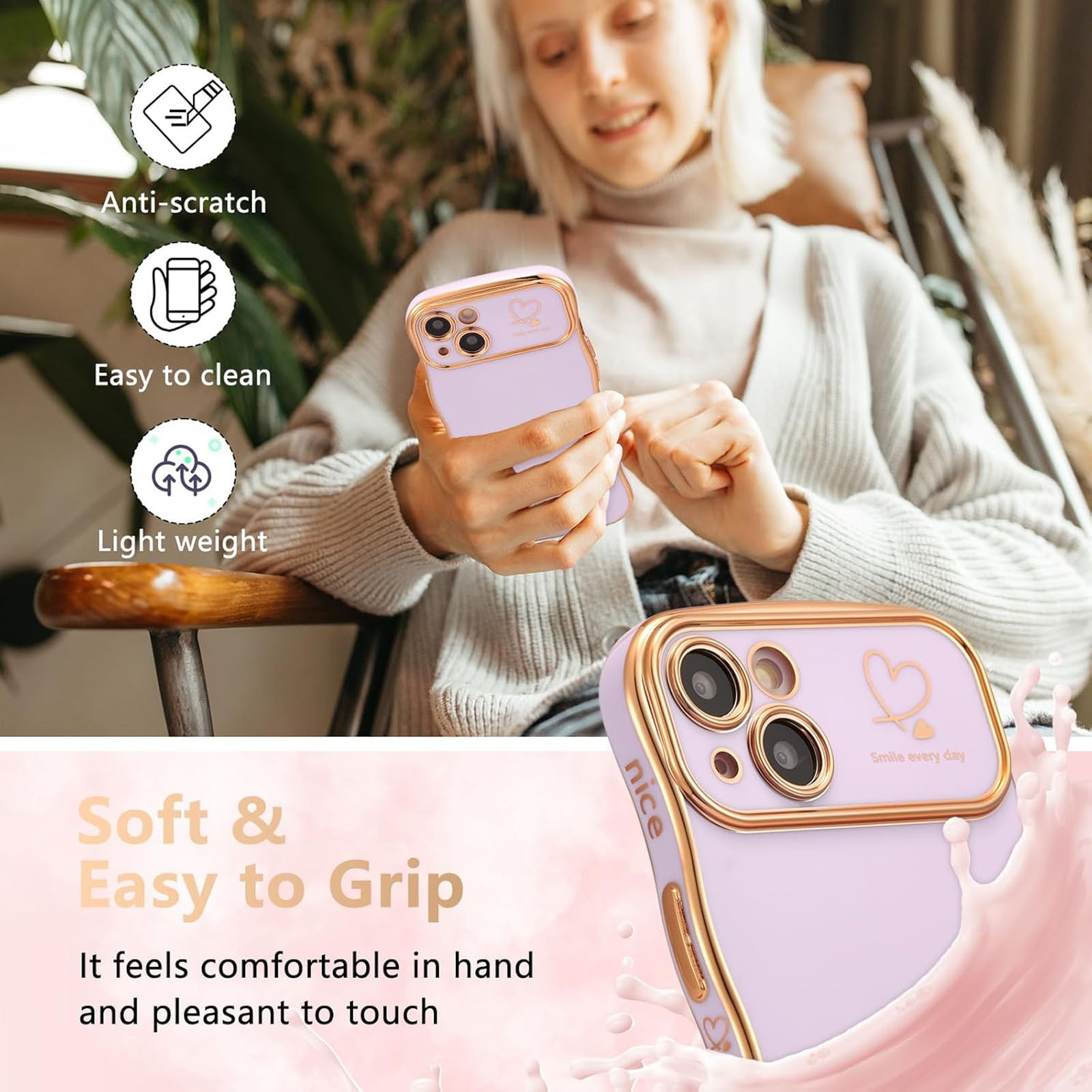 Husa telefon compatibila iPhone 15Promax, Hggzeg, Husa protectie, Cadru ondulat, Cu model de inima de dragoste, Decupaje Precise, Protectie Camera, Anti alunecare, Rezistent la cadere, Antisoc, Usor de instalat, TPU, Violet
