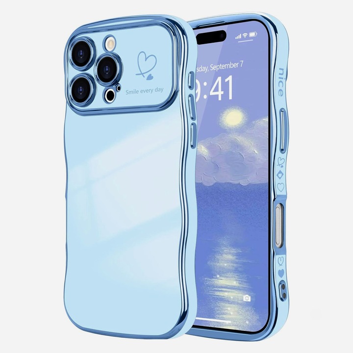 Husa telefon compatibila iPhone 16 Pro, Hggzeg, Husa protectie, Cadru ondulat, Cu model de inima de dragoste, Decupaje Precise, Protectie Camera, Anti alunecare, Rezistent la cadere, Antisoc, Usor de instalat, TPU, Albastru