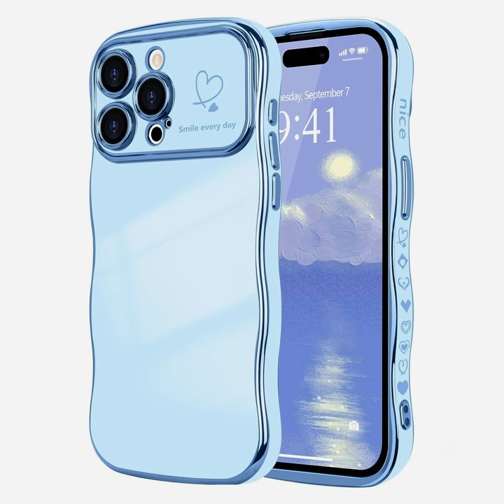 Husa telefon compatibila iPhone 15Promax, Hggzeg, Husa protectie, Cadru ondulat, Cu model de inima de dragoste, Decupaje Precise, Protectie Camera, Anti alunecare, Rezistent la cadere, Antisoc, Usor de instalat, TPU, Albastru