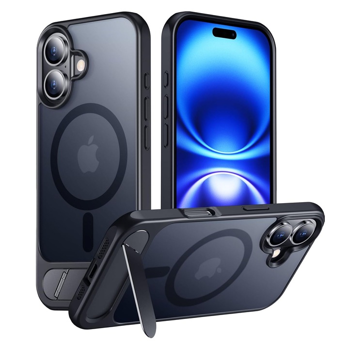 Husa telefon compatibila iPhone 16, Hggzeg, Husa protectie, Cu Inel magnetic si suport, Incarcare Wireless, Margini ridicate pentru protectia ecranului, Antizgarieturi, Decupaje Precise, Design mata, PC/TPU, Negru