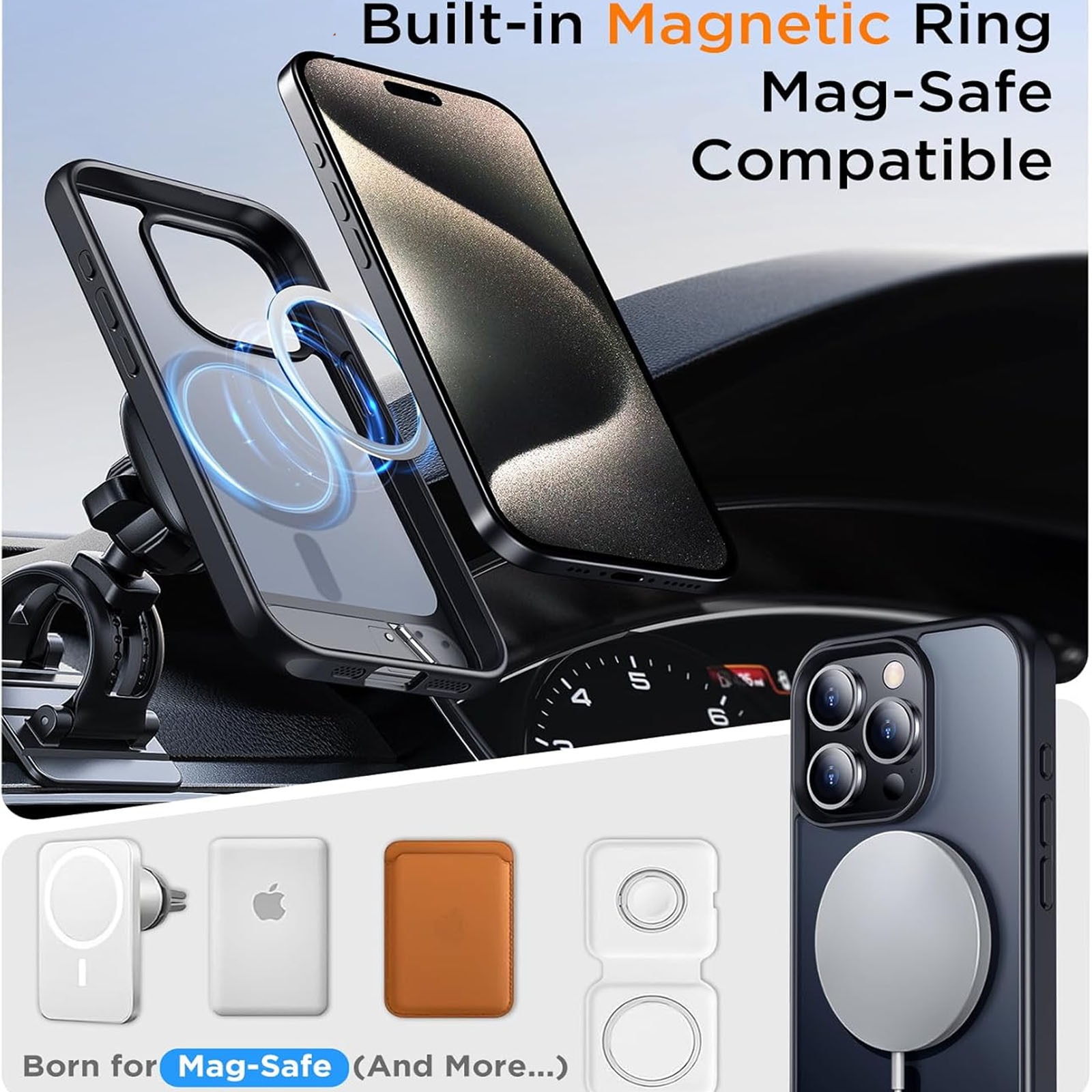 Husa telefon compatibila iPhone 16 Promax, Hggzeg, Husa protectie, Cu Inel magnetic si suport, Incarcare Wireless, Margini ridicate pentru protectia ecranului, Antizgarieturi, Decupaje Precise, Design mata, PC/TPU, Negru