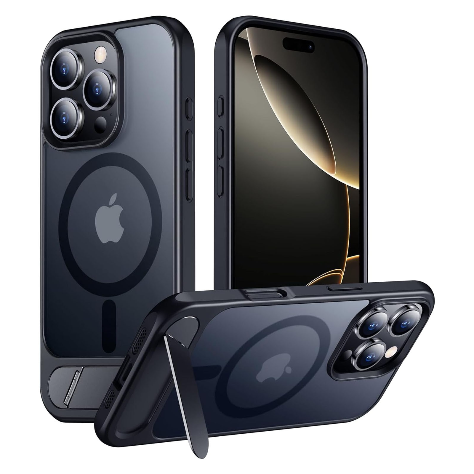 Husa telefon compatibila iPhone 16 Promax, Hggzeg, Husa protectie, Cu Inel magnetic si suport, Incarcare Wireless, Margini ridicate pentru protectia ecranului, Antizgarieturi, Decupaje Precise, Design mata, PC/TPU, Negru