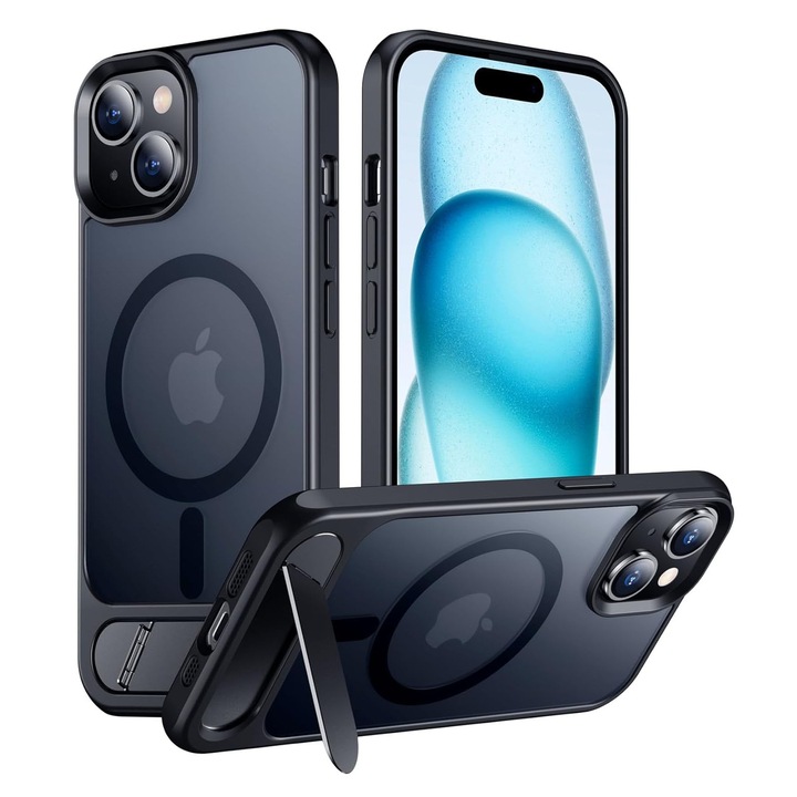 Kompatibilis iPhone 15plus telefontok, Hggzeg, Védőtok, Mágneses gyűrűvel és tartóval, Vezeték nélküli töltés, Emelt szélek a képernyővédelem érdekében, Karcálló, Precíz kivágások, Matt dizájn, PC/TPU, Fekete