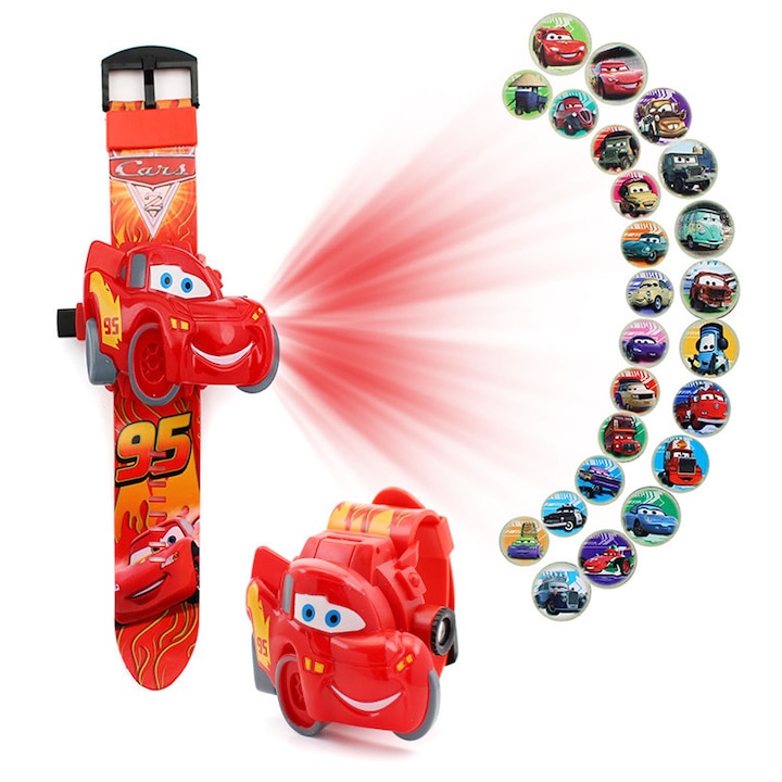 Ceas de jucarie pentru copii, Hggzeg, Ceas pentru copii cu proiector, Cars, Include 24 de imagini Anime, Model 3D, Usor de utilizat, 3 ani+, Pentru zile de nastere, craciun, halloween, Plastic/Cauciuc, 6 x 3.4 x 9.4cm, Multicolor