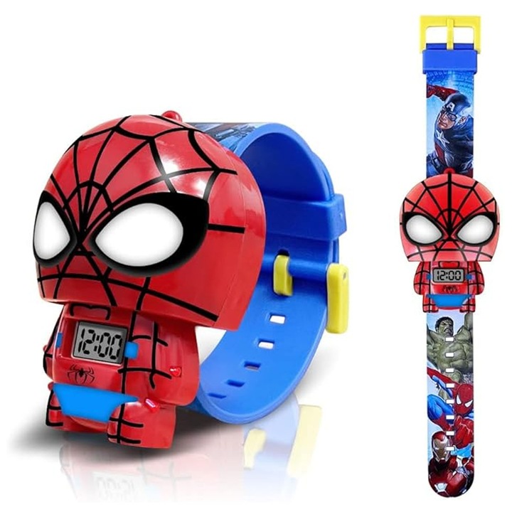 Ceas de jucarie pentru copii, Hggzeg, Ceas digital, Spider-Man, Reglabila 100-150mm, Amovibil, Usor de utilizat, 3 ani+, Pentru zile de nastere, craciun, halloween, Plastic/Cauciuc, 20.5 x 2.7 x 4 cm, Multicolor