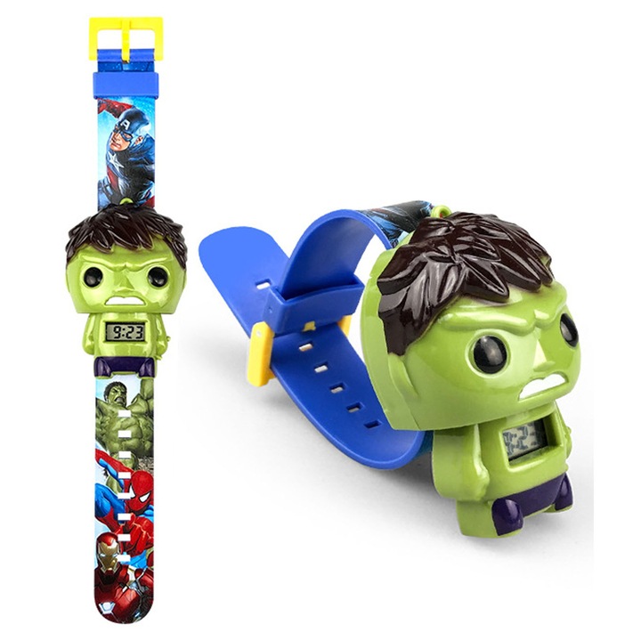 Ceas de jucarie pentru copii, Hggzeg, Ceas digital, Hulk, Reglabila 100-150mm, Amovibil, Usor de utilizat, 3 ani+, Pentru zile de nastere, craciun, halloween, Plastic/Cauciuc, 20.5 x 2.7 x 4 cm, Multicolor