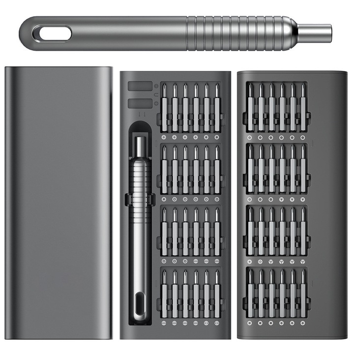 Set Surubelnita de Precizie 51 in 1, BOMSTOM, cu 48 de biti magnetici, cu carcasa din aliaj de aluminiu, kit de unelte de reparatii, pentru smartphone, camera foto, laptop, ceas, jucarii PC, Gri