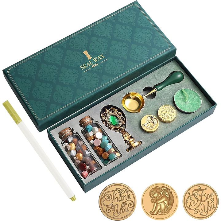 Комплект восъчни печати, Estanny, месинг/сплав, 21,7 x 10 x 3,5 см, зелен