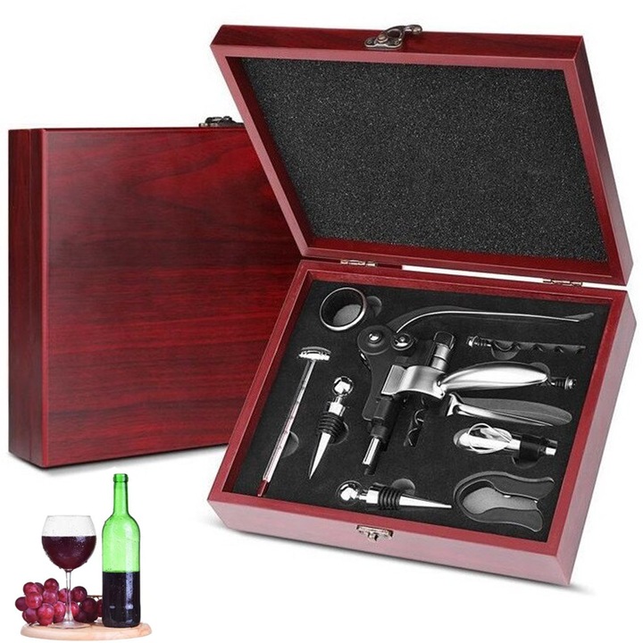 Professzionális Bornyitó Készlet, Piduules, Rózsafa Dobozban, Tartozékokkal, 9 db