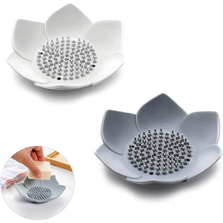 Szilikon szappantartó automata vízelvezetéssel, Enforose, lótuszvirág forma, 2 db-os készlet, könnyen tisztítható, csúszásmentes