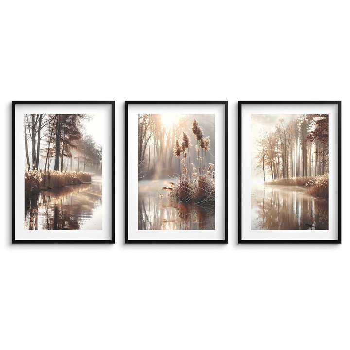 Set tablouri Boho, Naklejkomania, 3 piese, rame negre, 240g