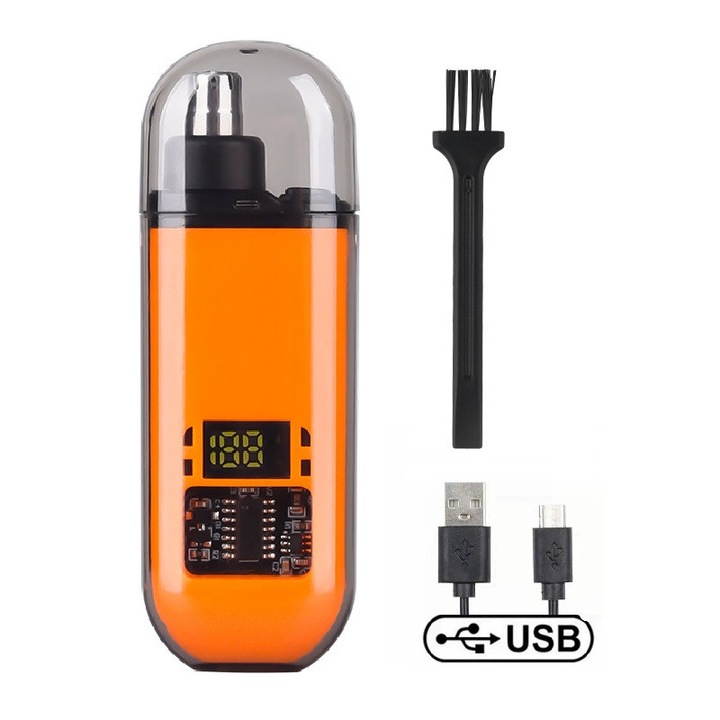 Trimmer electric pentru nas si urechi, 1 perie, USB TYPE-C reincarcabil, Spalabil, Afisaj digital LED, Portocaliu