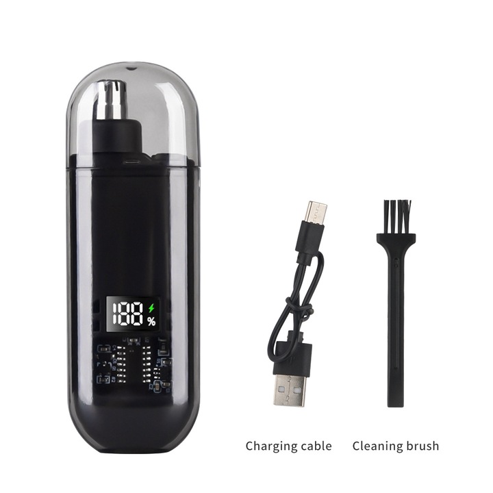 Elektromos orr- és fülszőrnyíró, 1 kefe, USB TYPE-C újratölthető, Mosható, LED digitális kijelző, Fekete