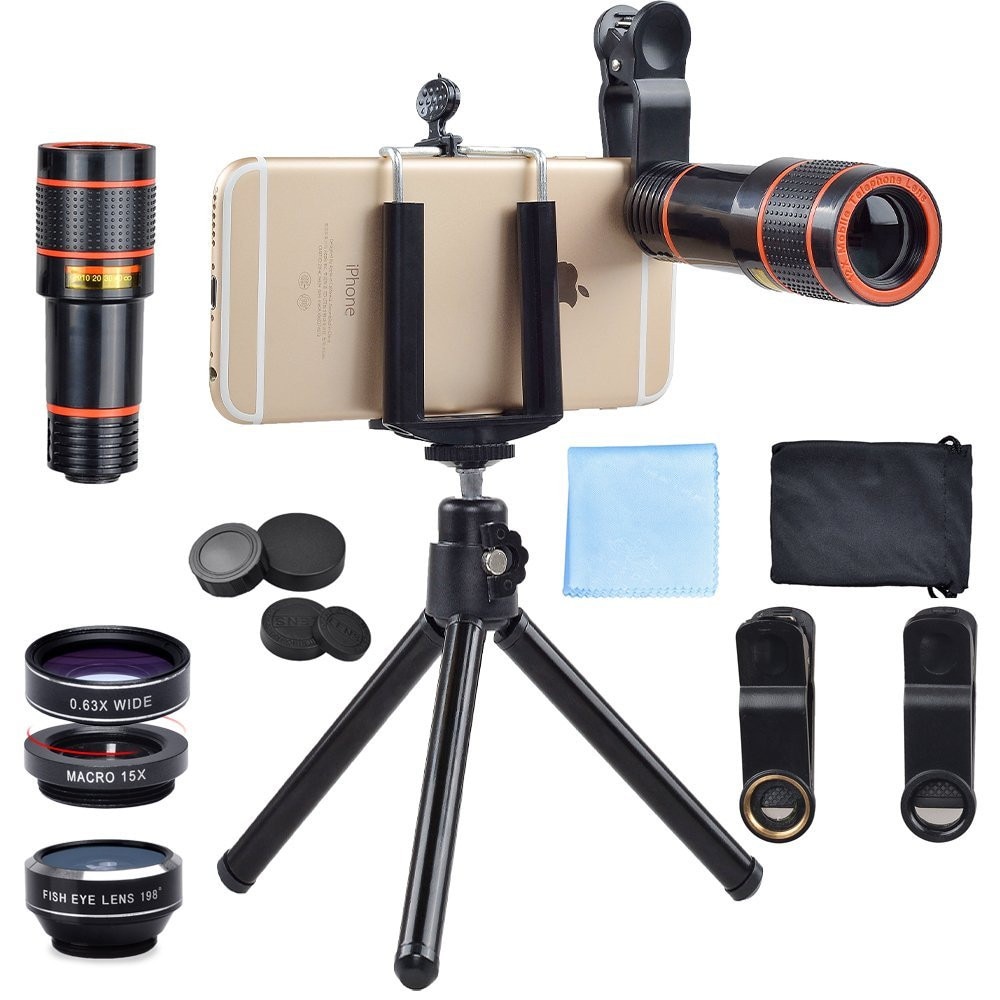 Set 4 in 1 lentile profesionale smartphone Edman, Obiectiv zoom 12x, Fisheye, Macro, Wide. Mini trepied pentru telefoane, cu clema de prindere inclusa