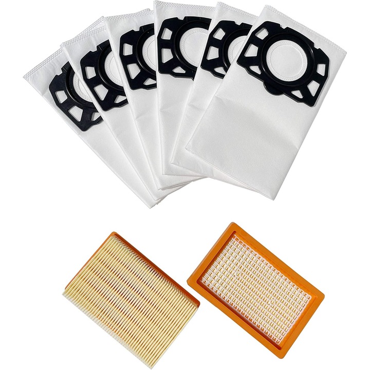 Set 6 saci de praf si 2 filtre HEPA compatibile cu aspiratoare Karcher WD4, WD5 P Premium, WD6 P, MV4, MV5, MV6, dimensiuni 42x50cm, 10x16x5cm