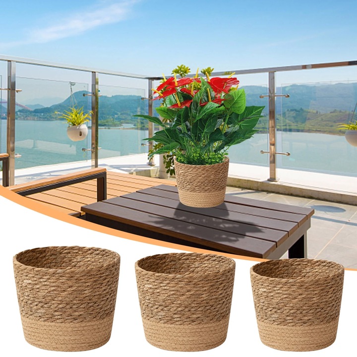 Set 3 cosuri impletite manual din iarba de mare, natural, pentru plante si depozitare, multicolor, diverse dimensiuni