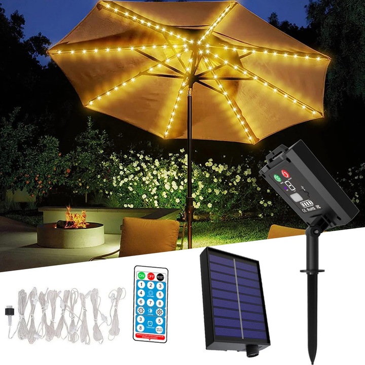 Lampa solara umbrela YANYXR cu telecomanda, 8 moduri, alb cald, 3.9x120cm