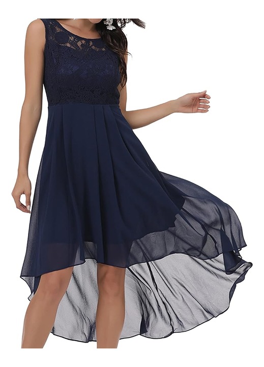 Rochie Eleganta Laorchid, din Dantela & Sifon, Fara Maneci, A-Line, Marimea M, Culoare Albastru Inchis