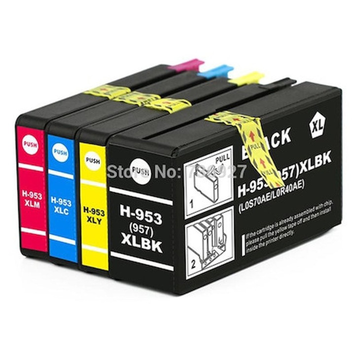 Set de 4 Cartuse inkjet 953XL, Negru, Albastru, Rosu, Galben, 6800 Pagini Multicolor Compatibil HP OfficeJet Pro 7700 Series Pro 7720 Pro 7730 Pro 7740 WF 8200 Pro 8210 Pro 8216 Pro 8218 Pro 8710 Pro 8715 Pro 8718 Pro 8719 Pro 8720 8725 Pro 8730 Pro 8740